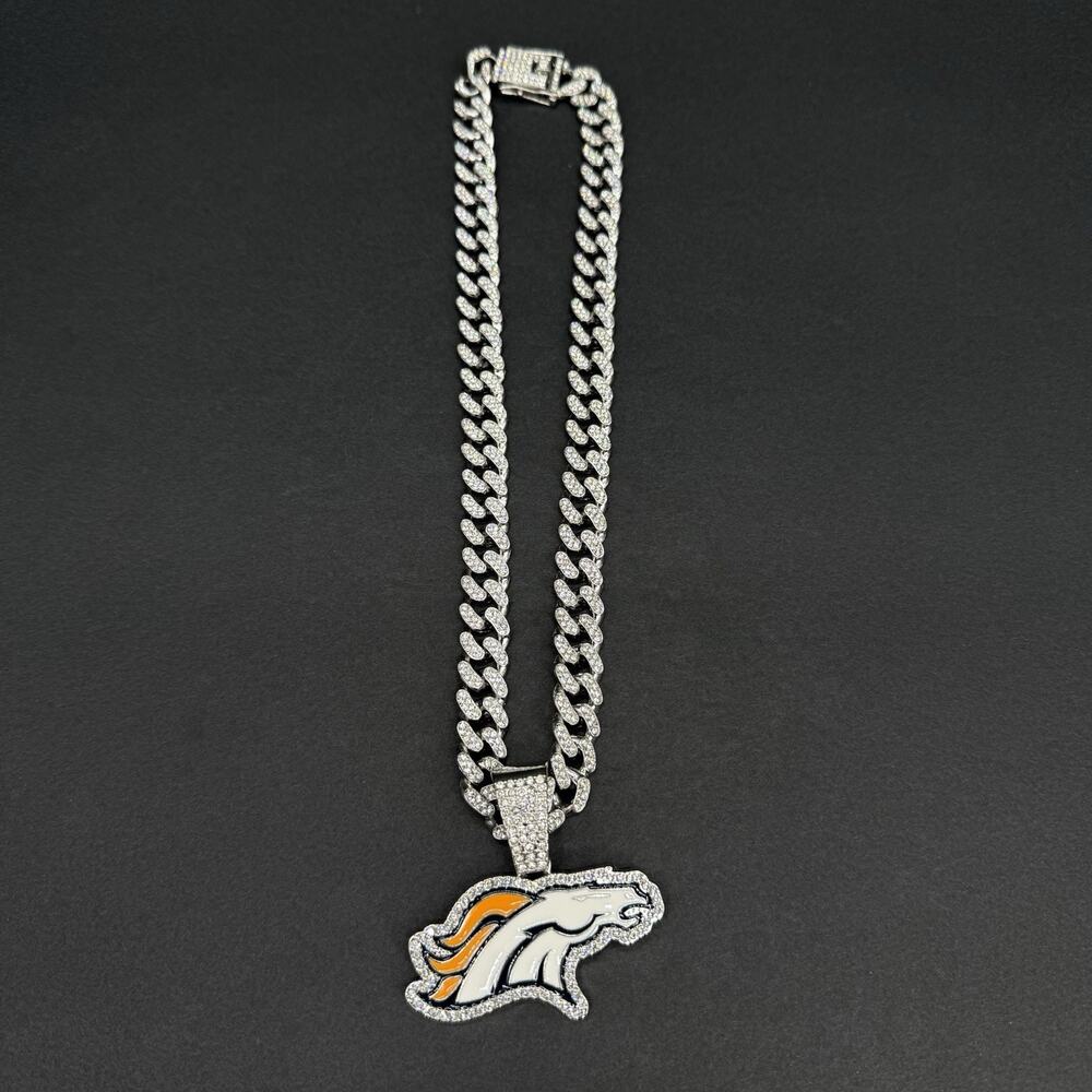 Denver Broncos Cuban Chain 18” Iced Out Pendant Silver Bling NFL Fan Necklace - Picture 3 of 8